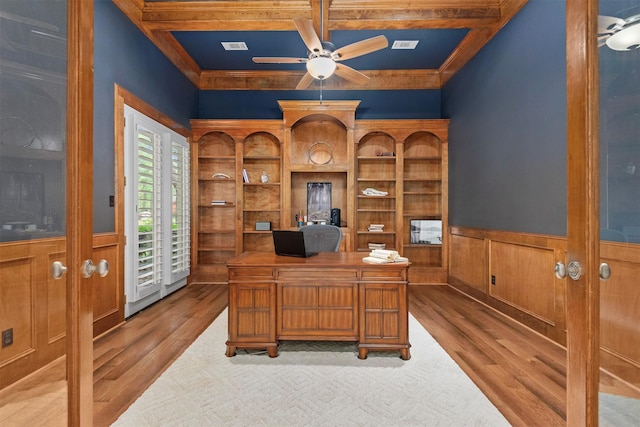 3706 Skyoak Ct, Spring, TX 77386 - office featuring wood finished floors, ceiling fan, a wainscoted wall, and beamed ceiling