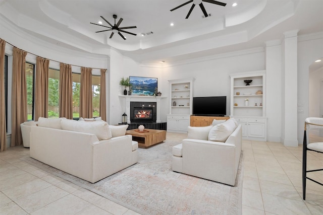 3706 Skyoak Ct, Spring, TX 77386 - living area featuring a raised ceiling, a ceiling fan, light tile patterned floors, recessed lighting, and a towering ceiling