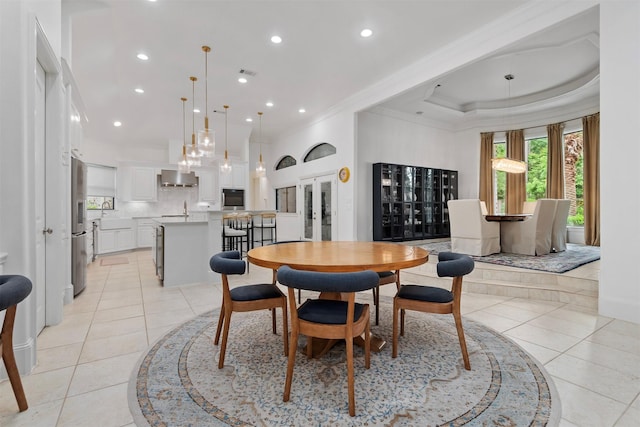 3706 Skyoak Ct, Spring, TX 77386 - dining area featuring crown molding, light tile patterned floors, french doors, and recessed lighting