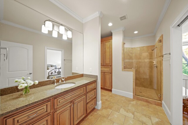 7527 Foster Island Dr, Richmond, TX 77406 - full bath featuring a shower stall, vanity, crown molding, baseboards, and connected bathroom