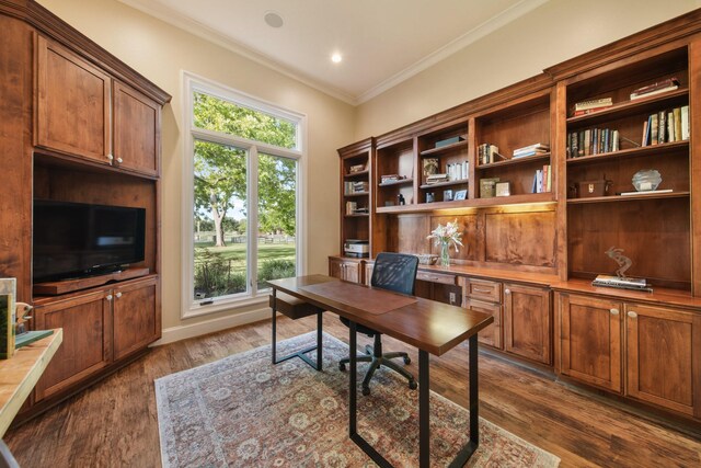 7527 Foster Island Dr, Richmond, TX 77406 - home office featuring crown molding, dark wood-type flooring, and plenty of natural light
