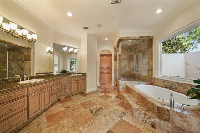 7527 Foster Island Dr, Richmond, TX 77406 - bathroom with a stall shower, a bath, double vanity, crown molding, and recessed lighting