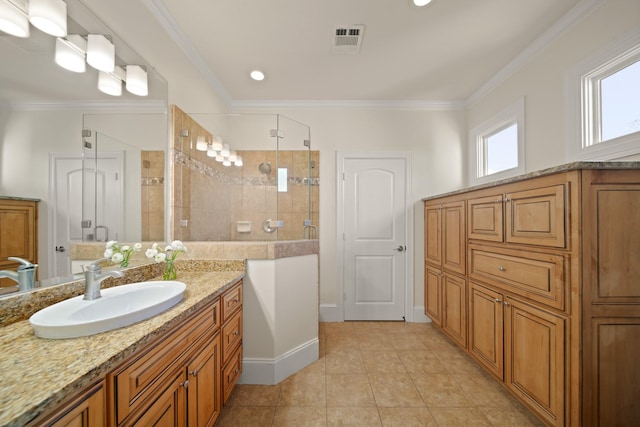 7527 Foster Island Dr, Richmond, TX 77406 - bathroom featuring a shower stall, vanity, crown molding, tile patterned floors, and baseboards