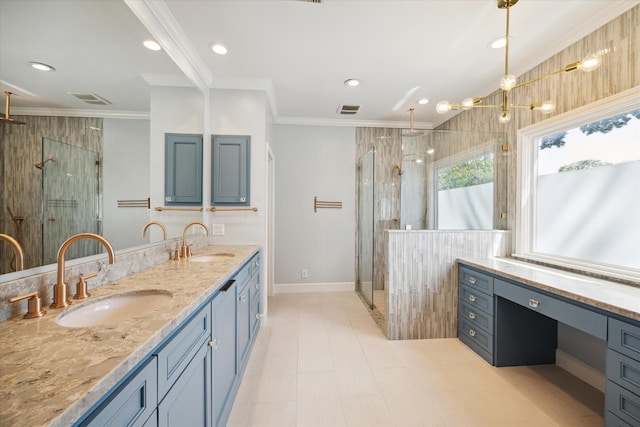 full bathroom with a stall shower, double vanity, ornamental molding, recessed lighting, and baseboards