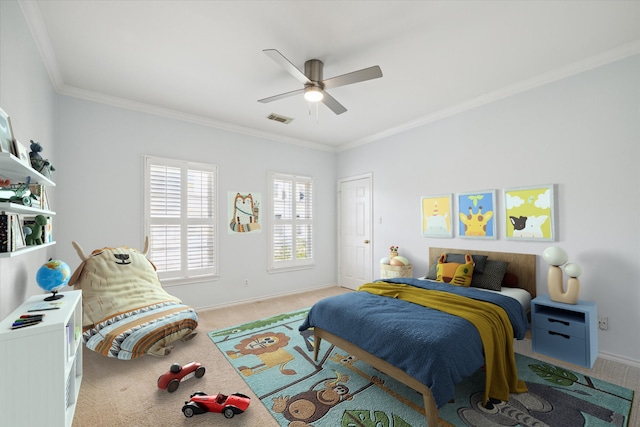 bedroom with carpet flooring, ornamental molding, baseboards, and ceiling fan