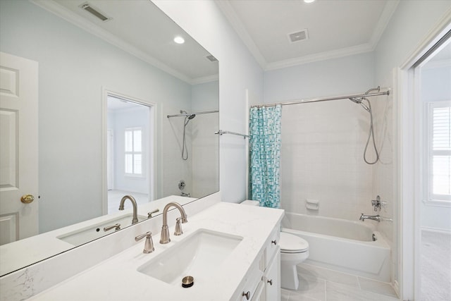 bathroom featuring shower / tub combo, toilet, vanity, crown molding, and recessed lighting