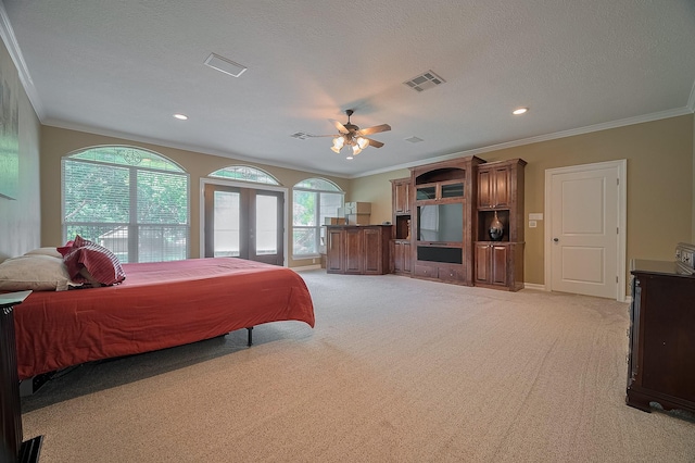 18518 W Paloma Lago Cir, Cypress, TX 77433 - bedroom featuring ornamental molding, light colored carpet, a ceiling fan, recessed lighting, and a textured ceiling