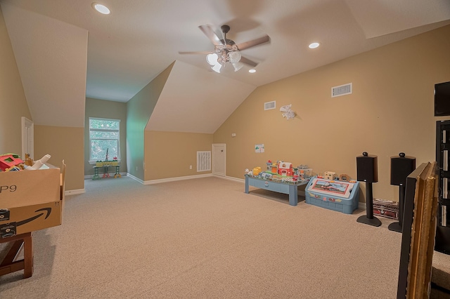 18518 W Paloma Lago Cir, Cypress, TX 77433 - recreation room with carpet, ceiling fan, baseboards, lofted ceiling, and recessed lighting