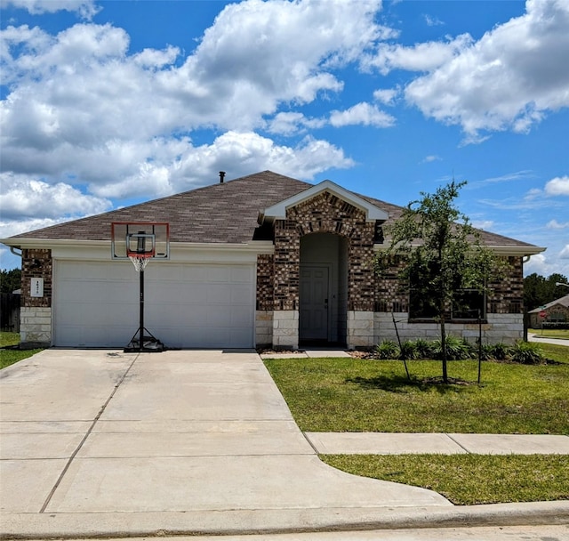 18475 Tenaha Mill Dr, New Caney, TX 77357 - ranch-style home with a garage, concrete driveway, a front yard, stone siding, and roof with shingles