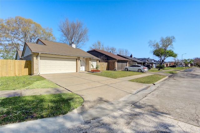 2036 Woodland Hills Dr, Missouri City, TX 77489 - single story home featuring brick siding, concrete driveway, a garage, a residential view, and a chimney