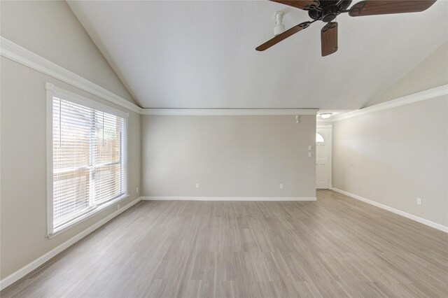 2036 Woodland Hills Dr, Missouri City, TX 77489 - unfurnished room with lofted ceiling, ceiling fan, light wood-style floors, baseboards, and ornamental molding
