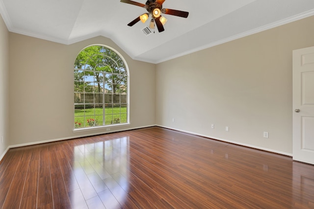 unfurnished room featuring ceiling fan, lofted ceiling, dark wood finished floors, and baseboards