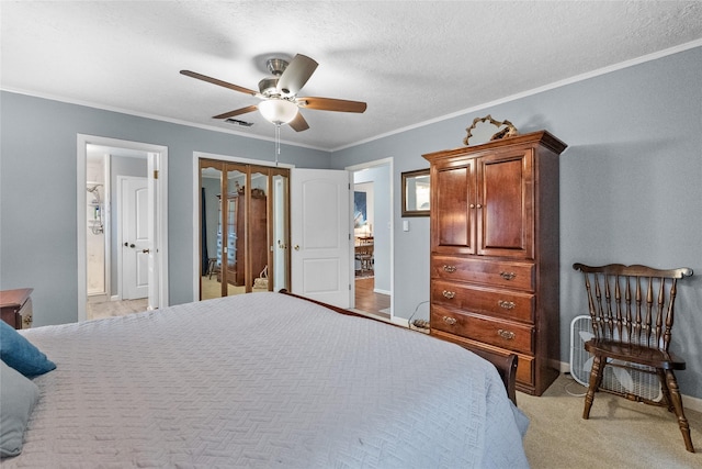 268 Seminole Dr, League City, TX 77565 - bedroom featuring ornamental molding, ceiling fan, a textured ceiling, ensuite bath, and baseboards