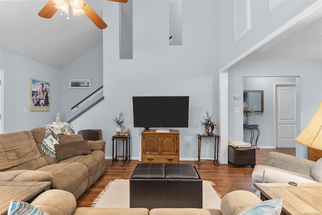 268 Seminole Dr, League City, TX 77565 - living room featuring high vaulted ceiling, ceiling fan, wood finished floors, and baseboards