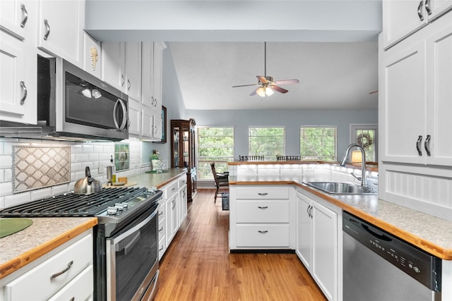 268 Seminole Dr, League City, TX 77565 - kitchen with stainless steel appliances, a sink, light wood-style flooring, a ceiling fan, and light countertops
