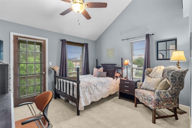 268 Seminole Dr, League City, TX 77565 - bedroom with light carpet, multiple windows, high vaulted ceiling, and a ceiling fan