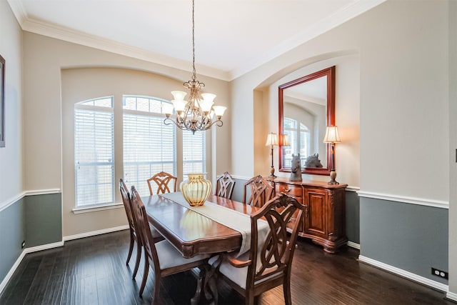 23915 Travis Trl, Katy, TX 77494 - dining space with ornamental molding, plenty of natural light, baseboards, a chandelier, and dark wood-style floors
