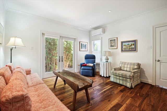 1755 Kipling St, Houston, TX 77098 - living area featuring a wall mounted air conditioner, dark wood-type flooring, crown molding, baseboards, and recessed lighting