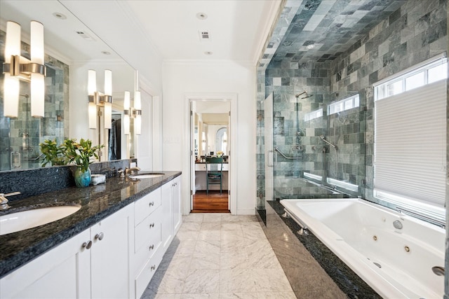 1755 Kipling St, Houston, TX 77098 - bathroom featuring a stall shower, ornamental molding, a whirlpool tub, double vanity, and marble finish flooring