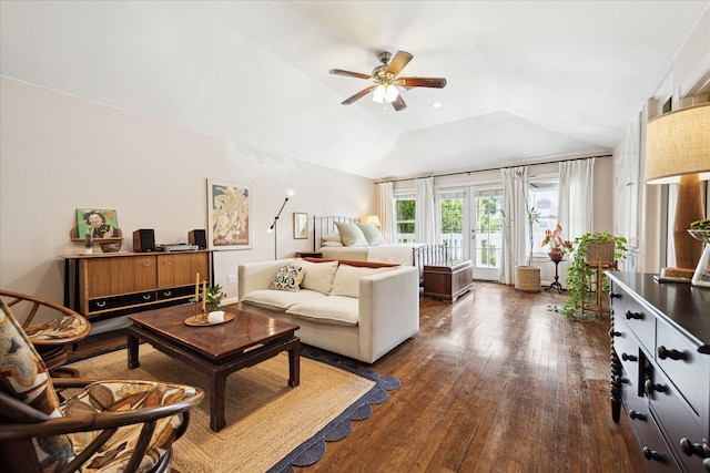 1755 Kipling St, Houston, TX 77098 - living room featuring ceiling fan, lofted ceiling, dark wood-type flooring, and french doors