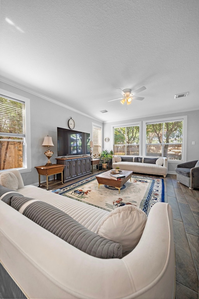 living room with plenty of natural light, ceiling fan, and a textured ceiling