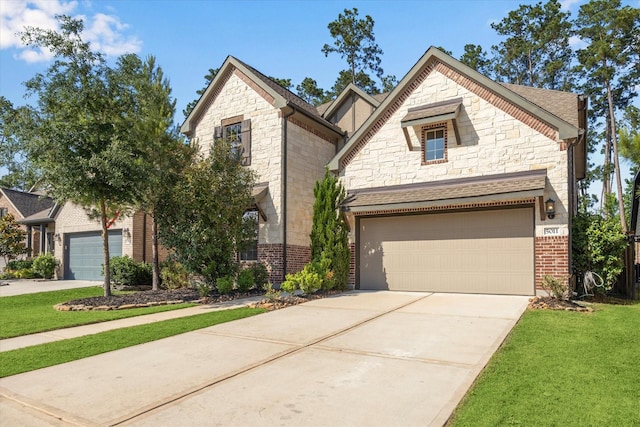 5011 Wooded Lake Dr, Spring, TX 77386 - view of front of home featuring stone siding, driveway, a garage, and a front yard