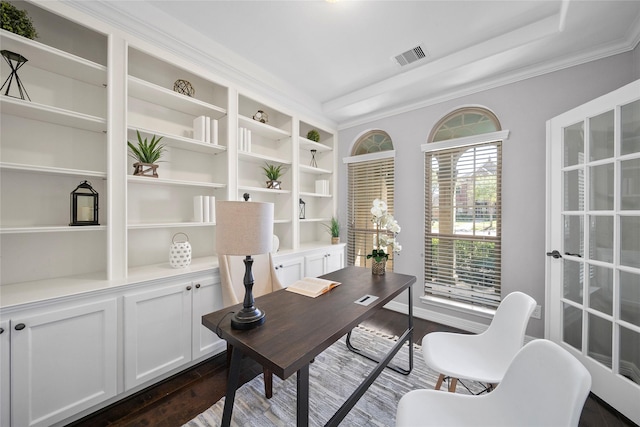 5926 Crawford Hill Ln, Sugar Land, TX 77479 - office featuring dark wood-type flooring, built in shelves, a raised ceiling, and ornamental molding
