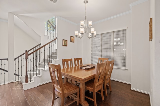 8907 Wind Springs Dr, Houston, TX 77080 - dining room featuring wood finished floors, ornamental molding, a chandelier, stairway, and baseboards