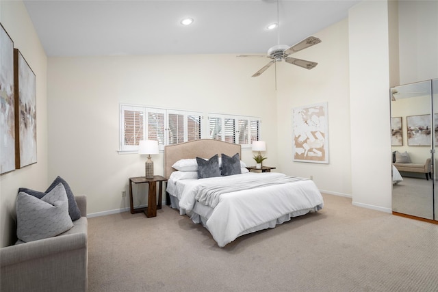 6728 Buffalo Speedway, West University Place, TX 77005 - bedroom featuring light colored carpet, high vaulted ceiling, baseboards, a ceiling fan, and recessed lighting