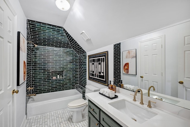 full bathroom featuring toilet, vanity, shower / bath combination, tile patterned floors, and vaulted ceiling