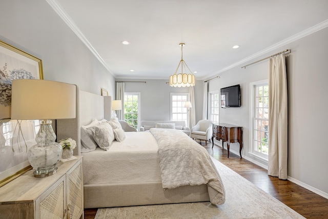 bedroom with ornamental molding, dark wood-style flooring, recessed lighting, and baseboards