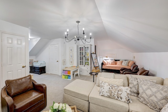 living area featuring lofted ceiling, light colored carpet, and a chandelier