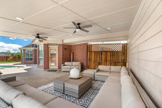 14406 Concord Grv, Houston, TX 77084 - view of patio / terrace featuring a ceiling fan, an outdoor hangout area, and fence
