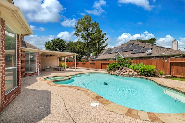 14406 Concord Grv, Houston, TX 77084 - view of pool with a ceiling fan, a patio area, a fenced backyard, and a pool with connected hot tub
