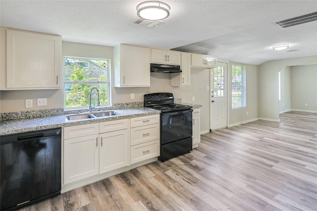 1011 N Arcola St, Angleton, TX 77515 - kitchen featuring black appliances, a sink, under cabinet range hood, light wood-style flooring, and healthy amount of natural light