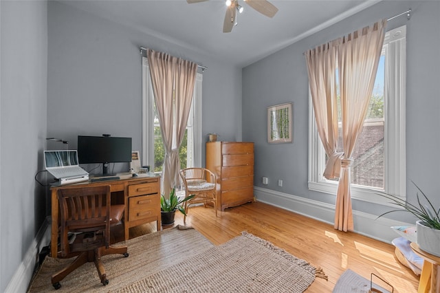 1818 Decatur St, Houston, TX 77007 - office featuring wood finished floors, a ceiling fan, and baseboards