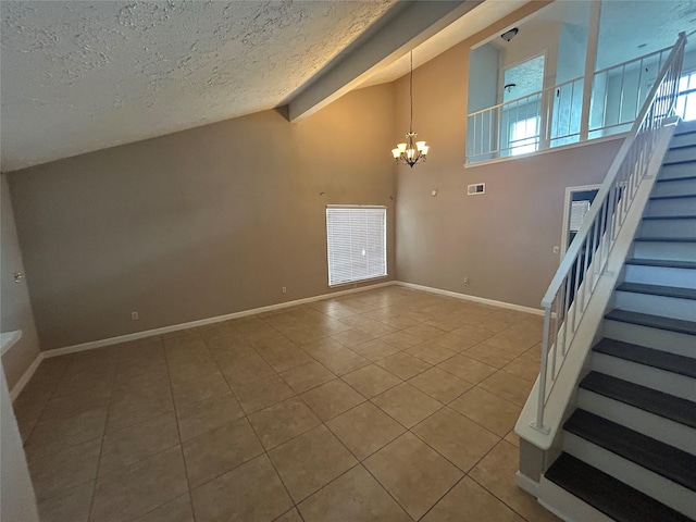 13507 White Cliff Dr, Houston, TX 77065 - unfurnished living room with a chandelier, tile patterned floors, stairway, baseboards, and a textured ceiling