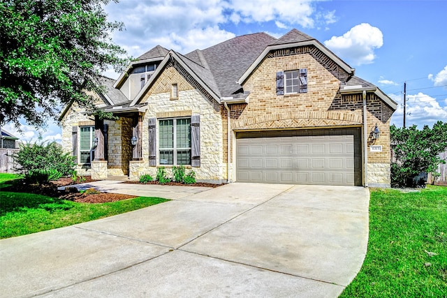 6315 Asbury Brook Ct, Katy, TX 77493 - view of front of property with stone siding, driveway, a shingled roof, and a front yard
