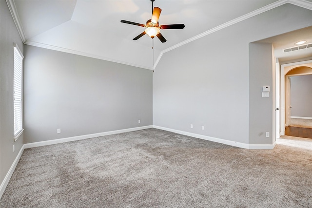 6315 Asbury Brook Ct, Katy, TX 77493 - unfurnished room featuring carpet, a ceiling fan, lofted ceiling, healthy amount of natural light, and crown molding