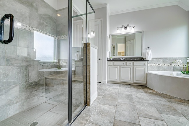 6315 Asbury Brook Ct, Katy, TX 77493 - bathroom featuring ornamental molding, a garden tub, a stall shower, and vanity