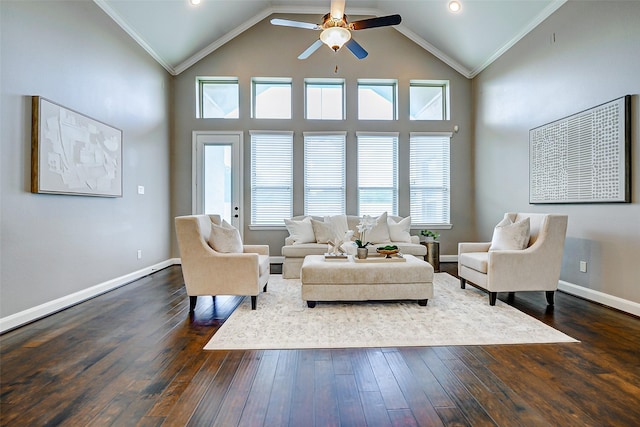 6315 Asbury Brook Ct, Katy, TX 77493 - living room with dark wood-type flooring, ceiling fan, baseboards, recessed lighting, and high vaulted ceiling