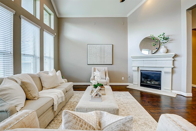 6315 Asbury Brook Ct, Katy, TX 77493 - living room featuring crown molding, baseboards, wood finished floors, and a glass covered fireplace