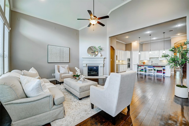 6315 Asbury Brook Ct, Katy, TX 77493 - living area featuring a ceiling fan, ornamental molding, dark wood finished floors, a glass covered fireplace, and arched walkways