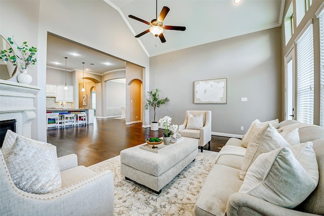 6315 Asbury Brook Ct, Katy, TX 77493 - living room with arched walkways, a ceiling fan, ornamental molding, high vaulted ceiling, and dark wood-style floors