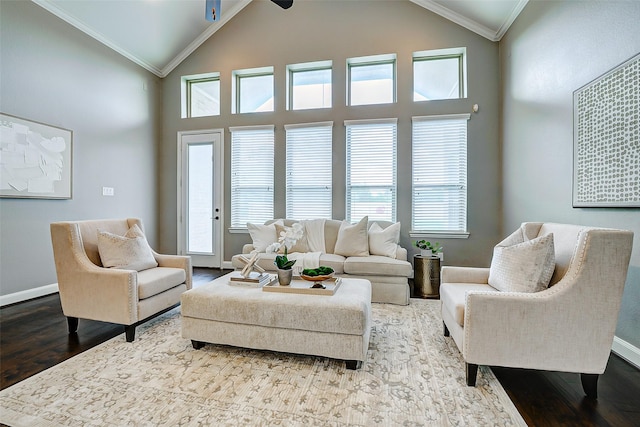 6315 Asbury Brook Ct, Katy, TX 77493 - living area featuring wood finished floors, baseboards, ornamental molding, high vaulted ceiling, and ceiling fan
