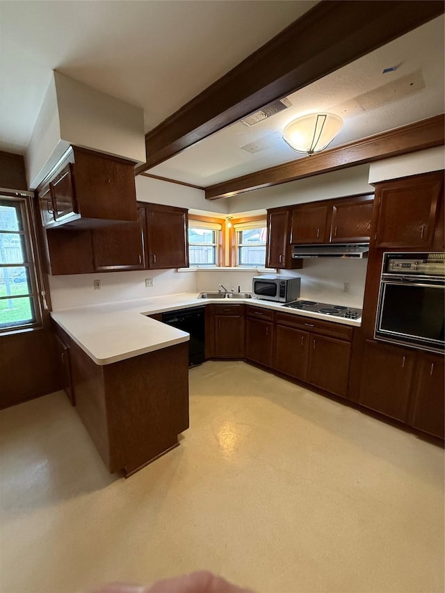 kitchen with black appliances, a peninsula, dark brown cabinets, a sink, and healthy amount of natural light