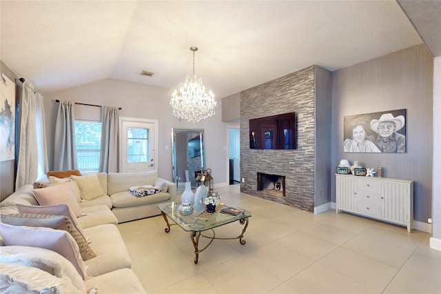 13931 Pueblo Run, Cypress, TX 77429 - living room with a chandelier, a fireplace, light tile patterned flooring, lofted ceiling, and baseboards