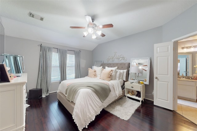 13931 Pueblo Run, Cypress, TX 77429 - bedroom with wood-type flooring, lofted ceiling, and a ceiling fan