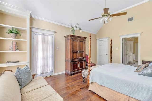 bedroom featuring wood finished floors, crown molding, baseboards, ceiling fan, and high vaulted ceiling