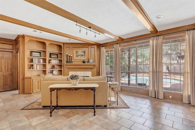 living area with beam ceiling